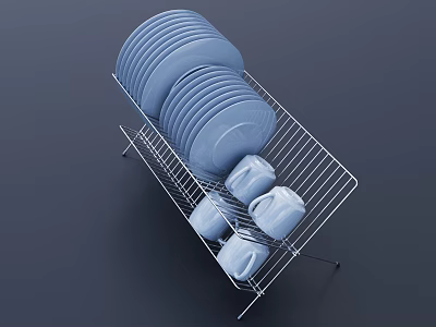 Sturdy Metal Dish Rack With Stacked Blue Plates And Organized Cups 3d model