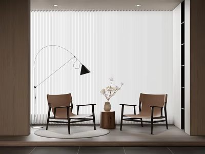 Modern Interior With Two Brown Leather Leisure Chairs Floor Lamp Round Table And Vertical Blinds 3d model