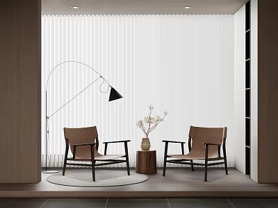 Modern Interior With Two Brown Leather Leisure Chairs Floor Lamp Round Table And Vertical Blinds 3d model