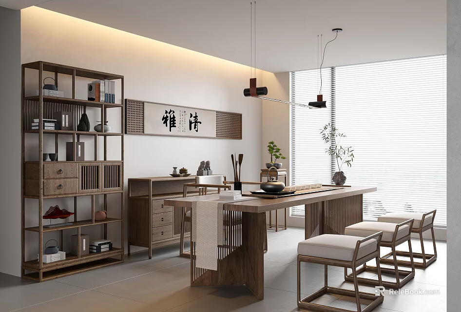 Traditional Wooden Tea Room Interior With Long Table Tea Sets And Cushioned Chairs 3d model