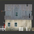Cartoon Scene with Blue Wooden House Staircase Red Vintage Truck Coca-Cola Sign and Wooden Platform