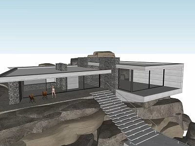 Modern Detached Villa on Rocky Terrain with Large Glass Windows and Outdoor Staircase 3d model