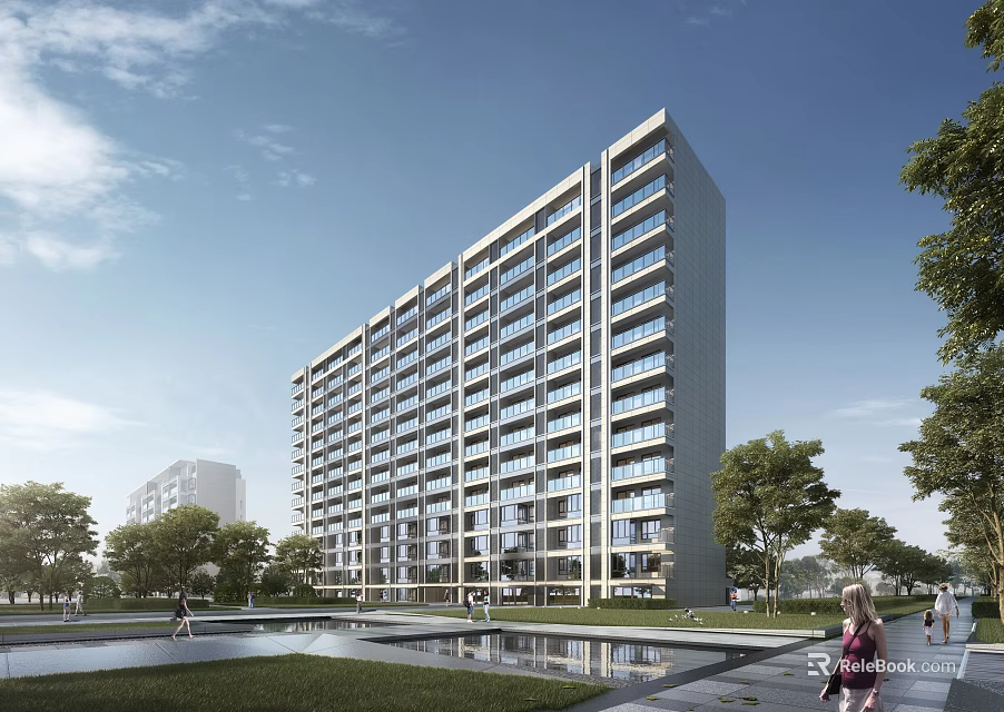 Modern Residential Building Exterior With Glass Windows Green Space And Water Feature 3d model 