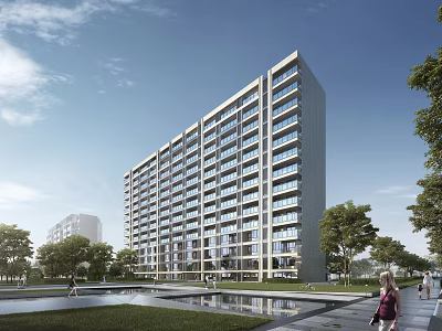 Modern Residential Building Exterior With Glass Windows Green Space And Water Feature 3d model