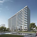 Modern Residential Building Exterior With Glass Windows Green Space And Water Feature