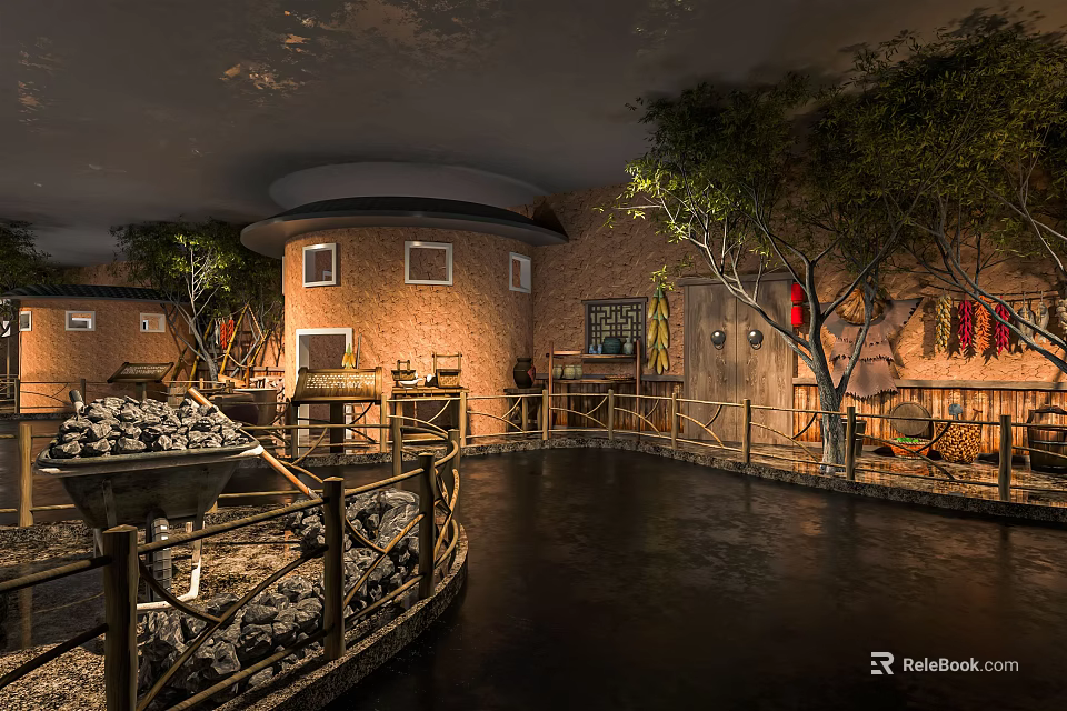 Traditional Cultural Center Interior With Water Feature Trees And Exhibits 3d model 