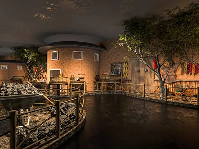 Traditional Cultural Center Interior With Water Feature Trees And Exhibits 3d model