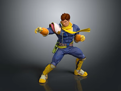 3D Model Male Character in Blue Costume with Yellow Scarf Gloves and Action Pose 3d model