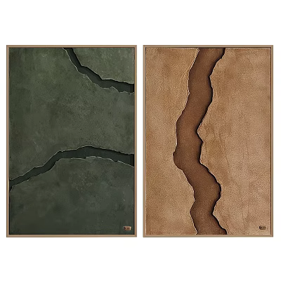 Two Panel Abstract Painting in Green and Brown with Cracked Textured Surface 3d model