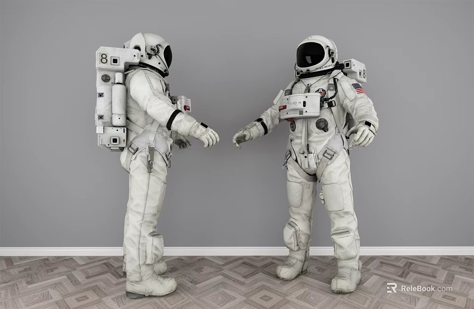 Men in Astronaut Suits Standing Face to Face Against Gray Wall With Patterned Floor 3d model 