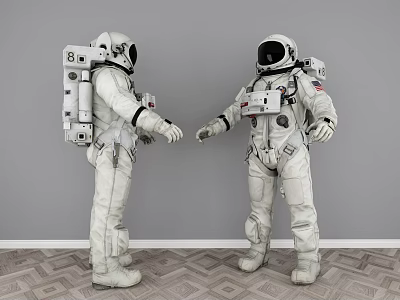 Men in Astronaut Suits Standing Face to Face Against Gray Wall With Patterned Floor 3d model