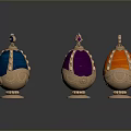 Woman Showcasing Vibrant Decorative Eggs With Gold Trims On Dark Surface