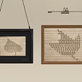 Black And Brown Framed String Art Tree Bird Shapes On Beige Wall With Hanging Lamp