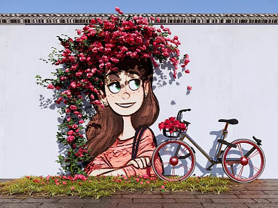Charming Photo Check-in Spot With Girl Mural Red Flowers And Bicycle 3d model