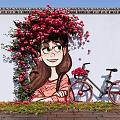 Charming Photo Check-in Spot With Girl Mural Red Flowers And Bicycle