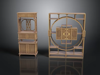 Traditional Chinese Style Wooden Furniture With Multi Layer Shelves And Decorative Lattice Details 3d model