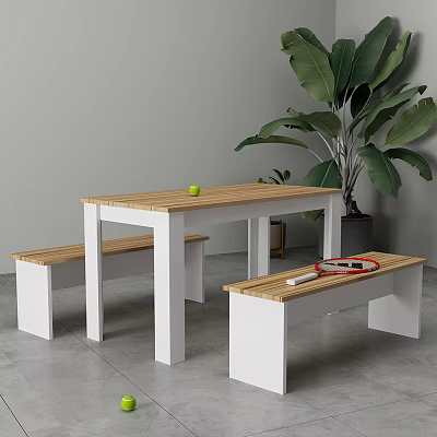 Stylish Outdoor Table With Wooden Tabletop White Frame Benches Green Ball Tennis Racket And Plant 3d model