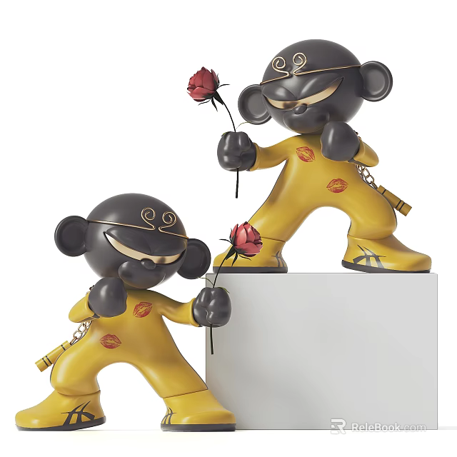 Cartoon Monkey Decorative Ornament Set With Yellow Black Design And Red Roses 3d model 