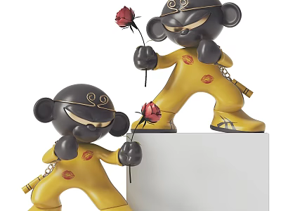 Cartoon Monkey Decorative Ornament Set With Yellow Black Design And Red Roses 3d model