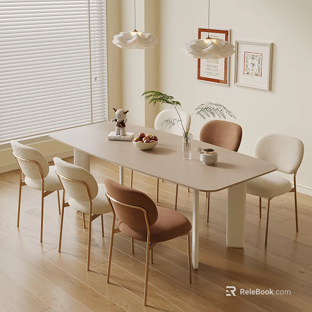 Modern Dining Table And Chairs Set With Beige Brown Seats Natural Light And Decorative Items 3d model 