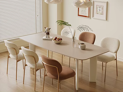 Modern Dining Table And Chairs Set With Beige Brown Seats Natural Light And Decorative Items 3d model