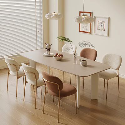 Modern Dining Table And Chairs Set With Beige Brown Seats Natural Light And Decorative Items 3d model