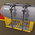 Gray Industrial Storage Tank With Black Pipes On Yellow Frame And Red Control Cabinet