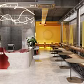 Modern Milk Tea Shop Interior With Red Bar Counter Hanging Lights And High Stools