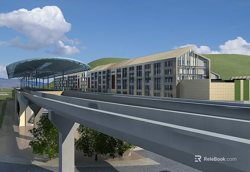 Modern Elevated Station Architecture With Glass Windows Green Roof And Surrounding Trees 3d model 