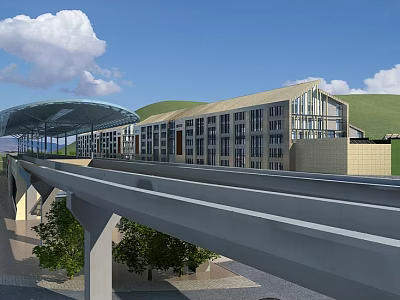 Modern Elevated Station Architecture With Glass Windows Green Roof And Surrounding Trees 3d model