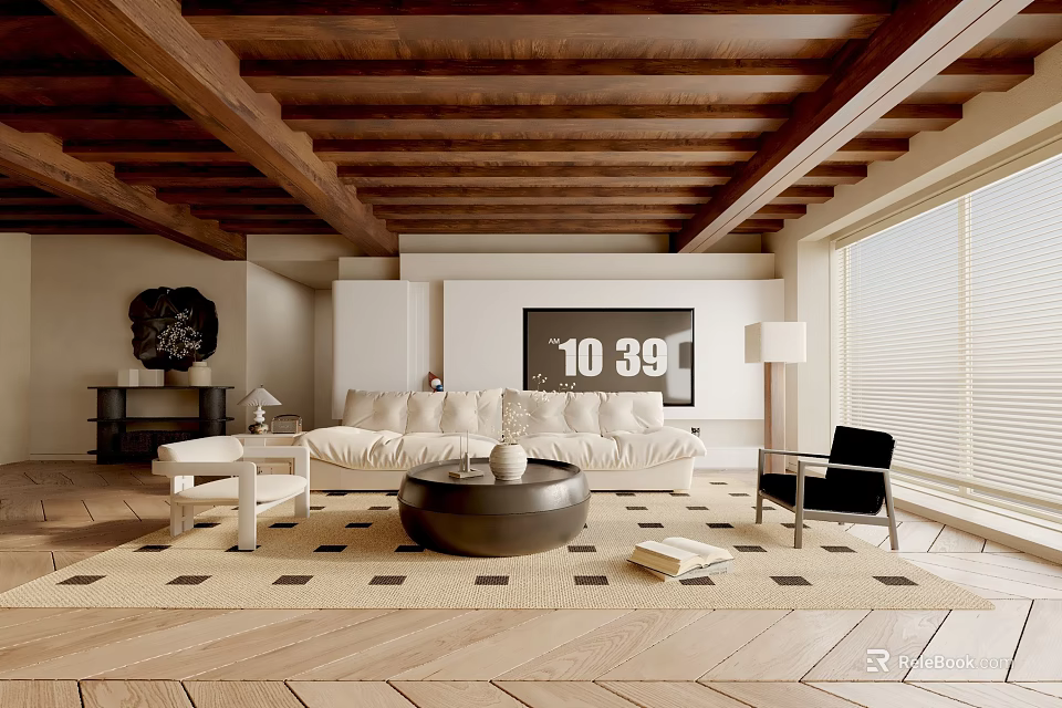 Modern Living Room Interior Design With Wooden Ceiling Beams White Sofa And Round Coffee Table 3d model 