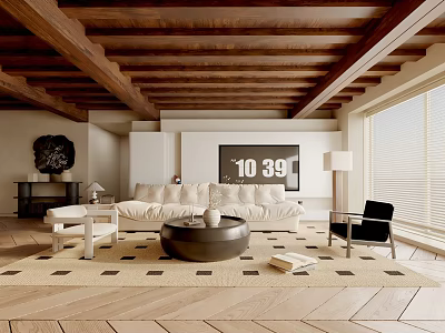 Modern Living Room Interior Design With Wooden Ceiling Beams White Sofa And Round Coffee Table 3d model