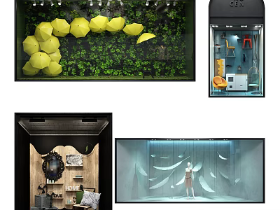 Creative Window Display With Green Plants Yellow Umbrellas And Decorative Elements 3d model