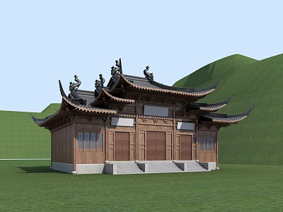 Ancient Chinese Traditional Building With Curved Eaves And Wooden Structure On Green Hills 3d model