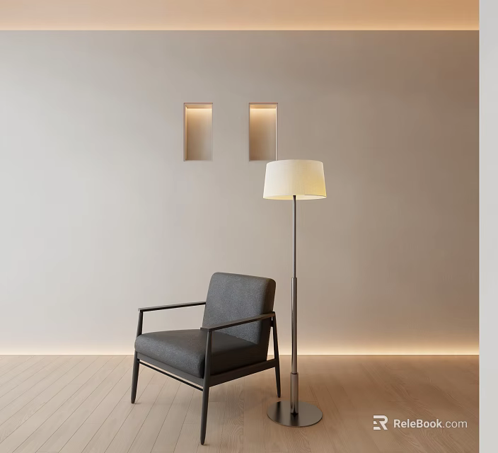 Modern Minimalist Single Sofa With Floor Lamp Recessed Lights And Light Colored Wall Wooden Floor 3d model 