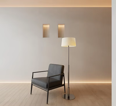 Modern Minimalist Single Sofa With Floor Lamp Recessed Lights And Light Colored Wall Wooden Floor 3d model