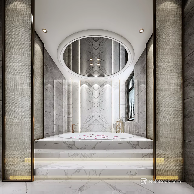 Luxurious Modern Hotel Bathroom Interior Design With Marble Walls Circular Mirror And Bathtub 3d model 