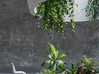 Modern Indoor Landscape With Hanging Green Plants Concrete Wall And White Chair 3d model