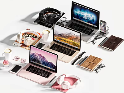 Laptop Desk Setup With Mobile Phone Coffee Cup Headphones Notebook And Glasses 3d model