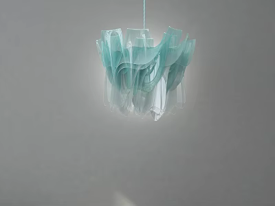 Unique Shaped Chandelier With Light Blue Transparent Pleated Design Hanging In Modern Room 3d model