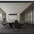 Modern Conference Room With Long Table Chairs Projection Screen Windows And Potted Plant