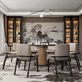 Private Dining Room Interior With Round Table Chairs Bookshelves And Landscape Painting Backdrop