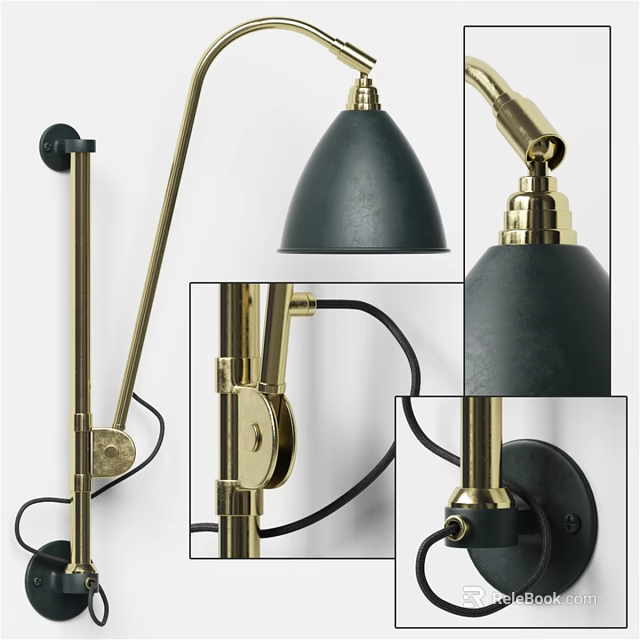 Modern Brass Wall Lamp With Adjustable Arm And Black Shade Design 3d model 