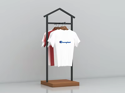 Clothing Rack with Metal Frame and Wooden Base Holding T Shirts and Striped Clothes 3d model