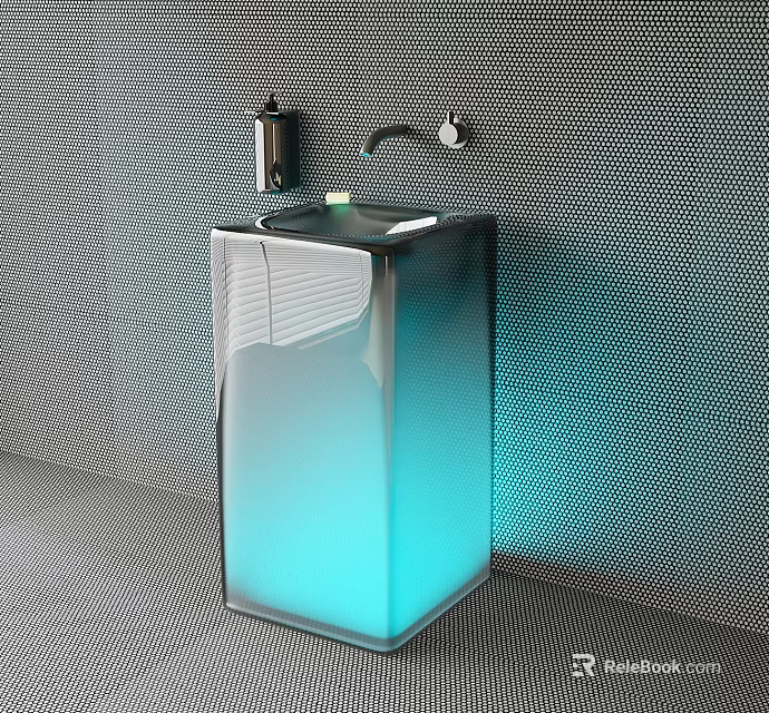 Modern Transparent Washbasin With Blue Light And Gray Mesh Wall Faucet And Soap Dispenser 3d model 