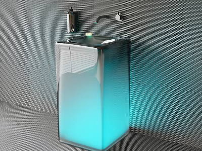 Modern Transparent Washbasin With Blue Light And Gray Mesh Wall Faucet And Soap Dispenser 3d model