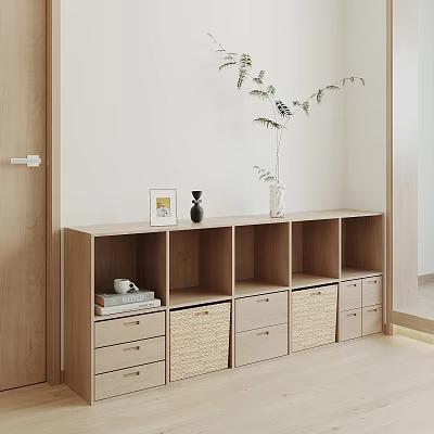 Modern Wooden Storage Cabinet With Drawers Compartments And Decorative Items 3d model