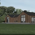 Modern Wooden House With Black Roof Large Windows And Green Lawn Surrounded By Trees