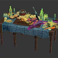 Fresh Assorted Food on Wooden Table with Blue Tablecloth Vegetables Bread Fish Bottles and Candles