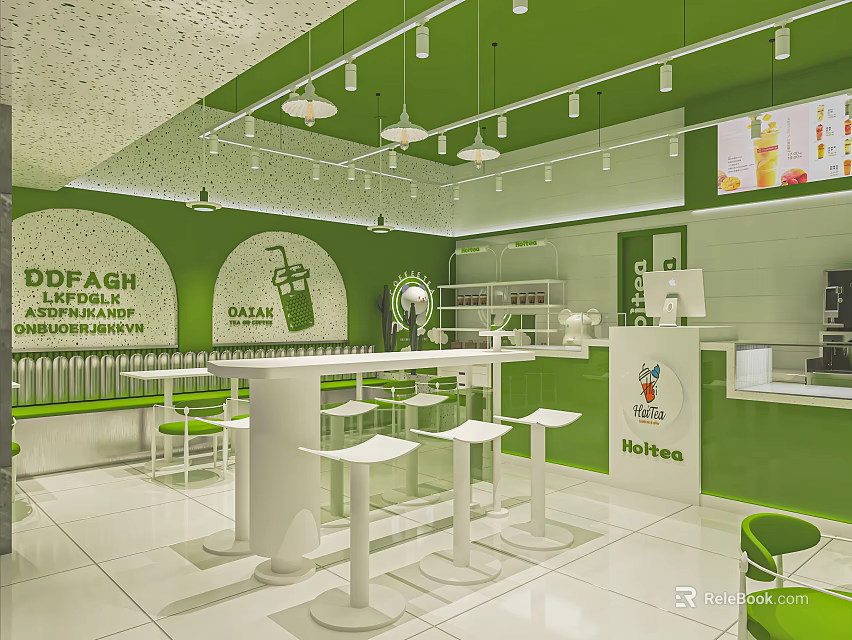 Green Modern Milk Tea Shop Interior With White Tables Chairs Pendant Lights And Bar Counter 3d model 
